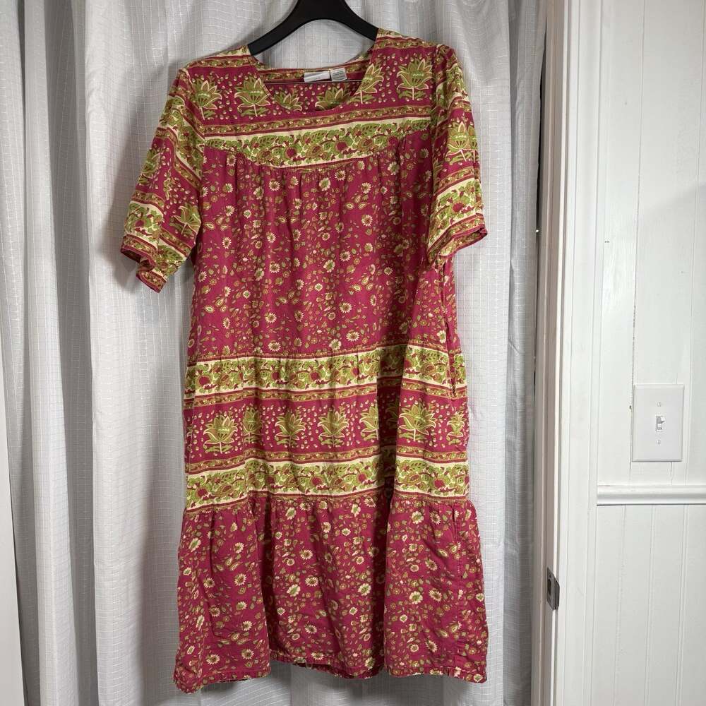 Vermont Country Store Muumuu Dress Women XL Pink Green Floral Cottagecore Folk